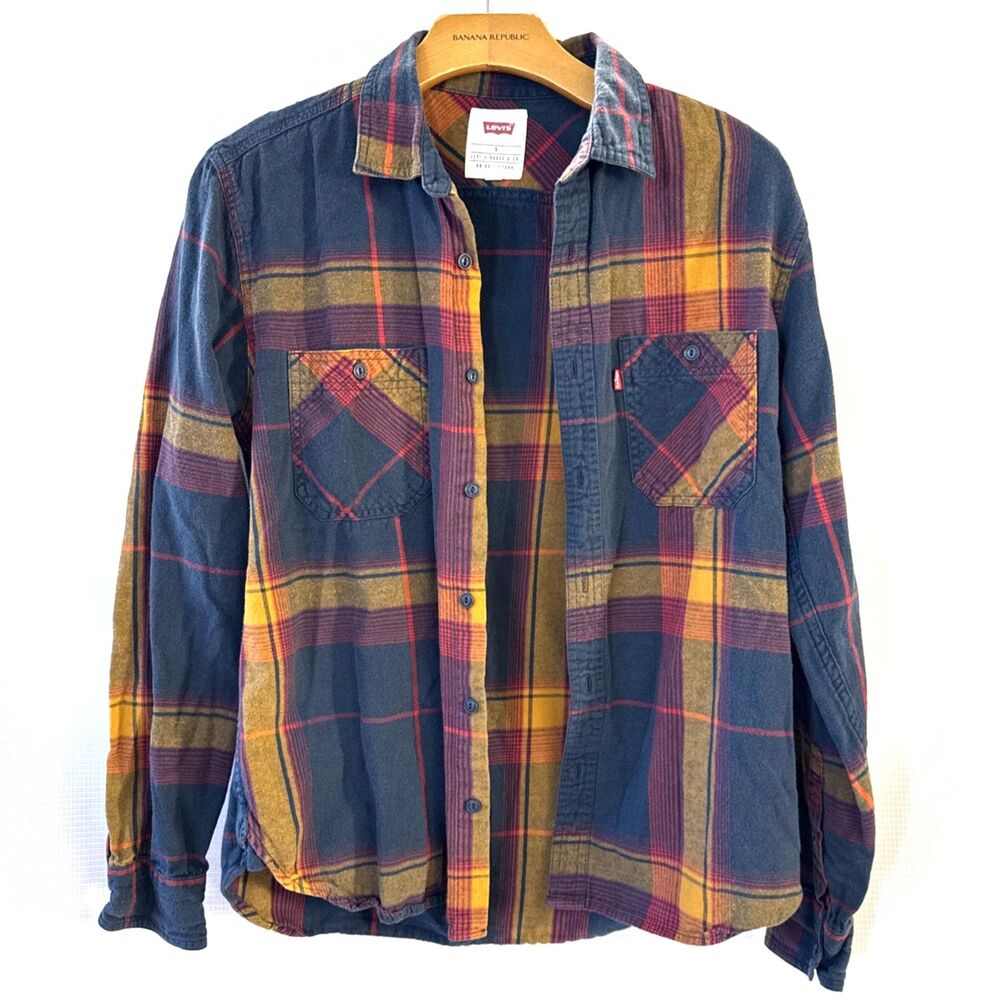 Levi's Plaid Flannel Button-Up Shirt Long Sleeve - S - Gold, Red, Navy